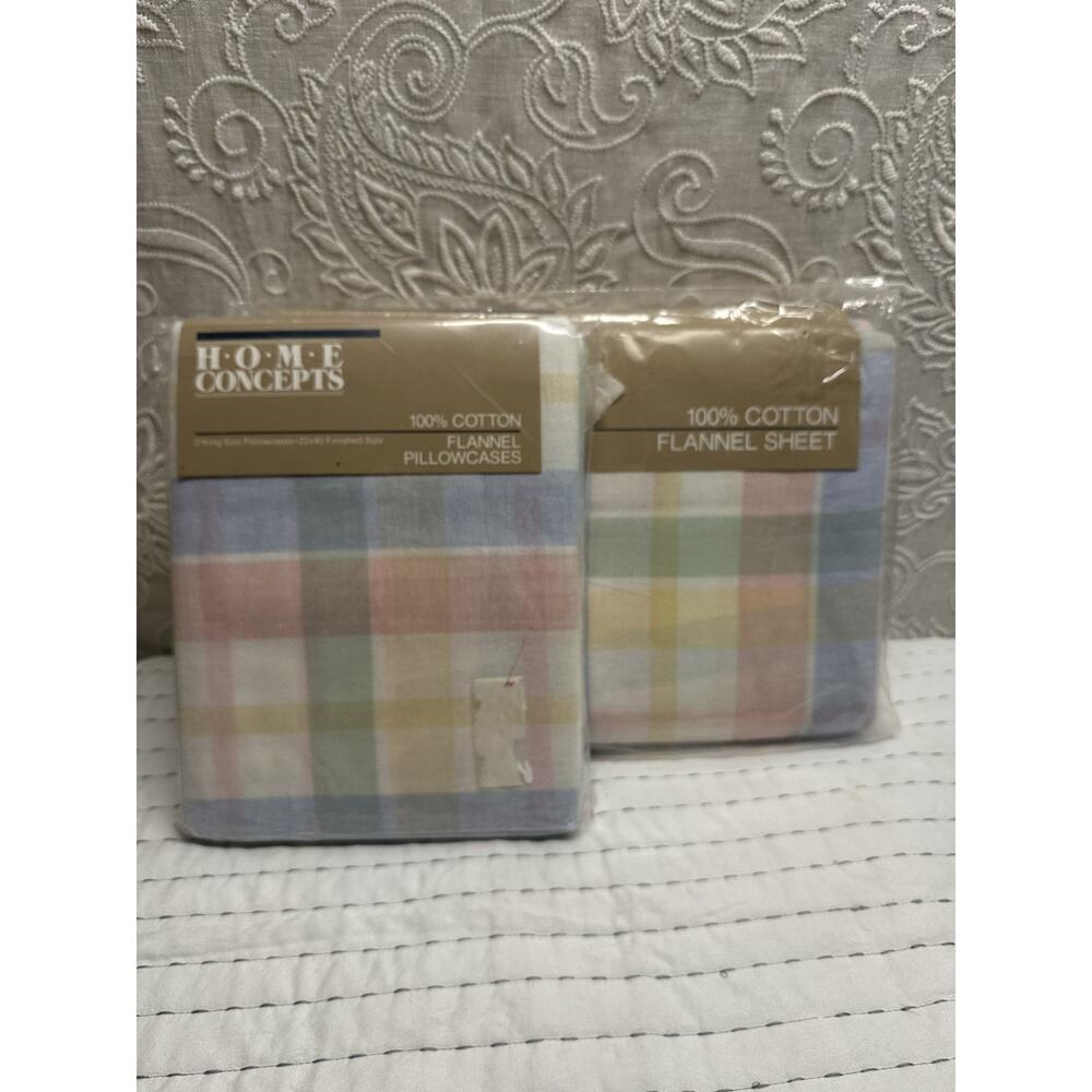 Home Concepts Vintage Sheet King Fitted Flannel Pastel Plaid With Pillowcases